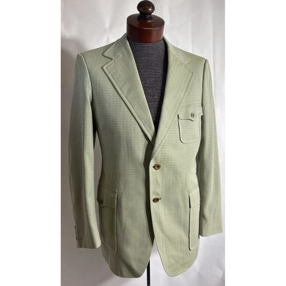 Vtg Men’s 40R Sport Coat Jacket Blazer Green Polyester Belted Textured Western